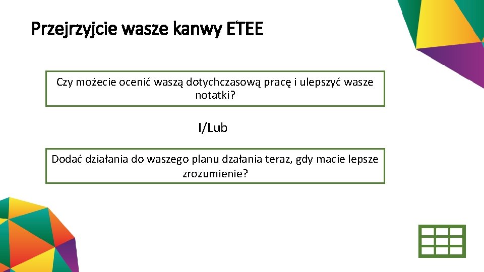 Przejrzyjcie wasze kanwy ETEE Czy możecie ocenić waszą dotychczasową pracę i ulepszyć wasze notatki?