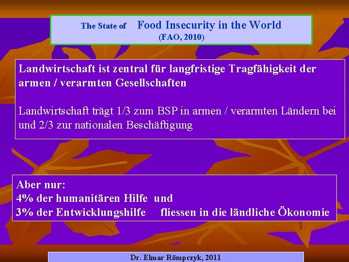 The State of Food Insecurity in the World (FAO, 2010) Landwirtschaft ist zentral für