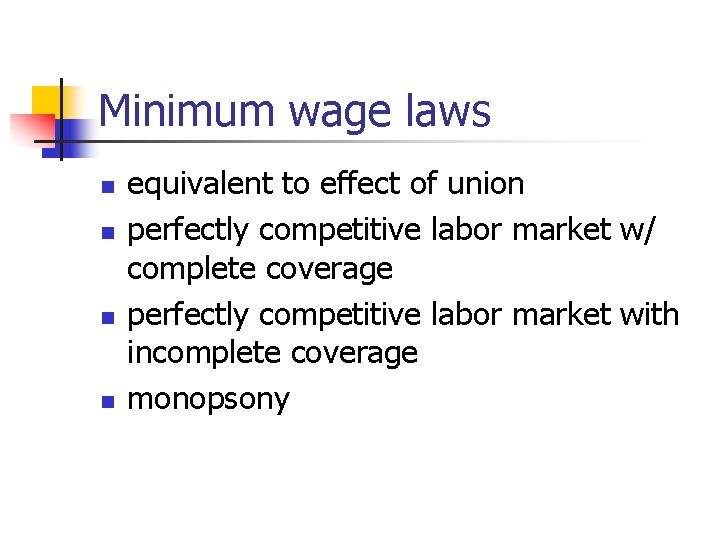 Minimum wage laws n n equivalent to effect of union perfectly competitive labor market