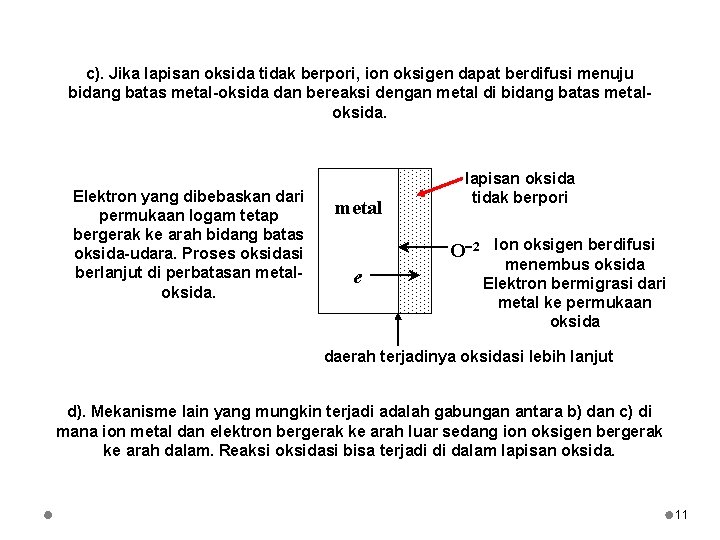 c). Jika lapisan oksida tidak berpori, ion oksigen dapat berdifusi menuju bidang batas metal-oksida