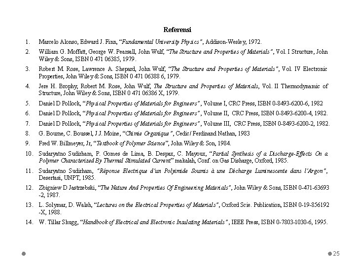 Referensi 1. Marcelo Alonso, Edward J. Finn, “Fundamental University Physics”, Addison-Wesley, 1972. William G.