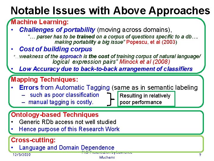 Notable Issues with Above Approaches Machine Learning: • Challenges of portability (moving across domains),