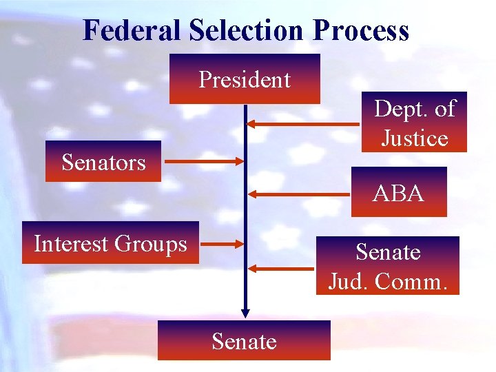 Federal Selection Process President Dept. of Justice Senators ABA Interest Groups Senate Jud. Comm.