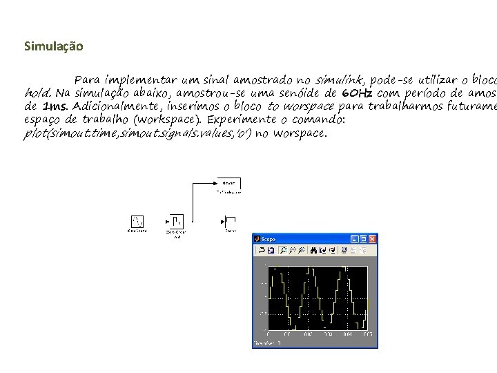 Simulação Para implementar um sinal amostrado no simulink, pode-se utilizar o bloco hold. Na