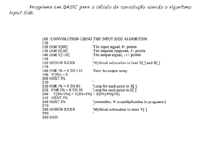 Programa em BASIC para o cálculo da convolução usando o algoritmo Input Side. 