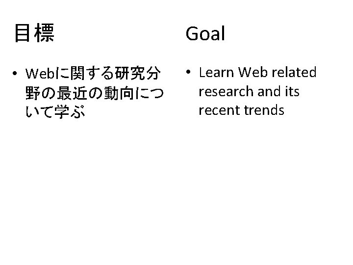 目標 Goal • Webに関する研究分 野の最近の動向につ いて学ぶ • Learn Web related research and its recent