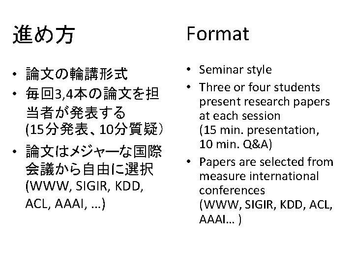 進め方 Format • 論文の輪講形式 • 毎回 3, 4本の論文を担 当者が発表する (15分発表、10分質疑） • Seminar style •