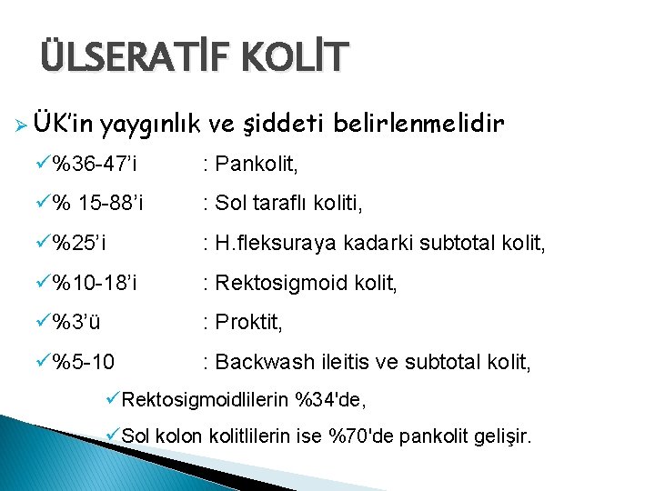 ÜLSERATİF KOLİT Ø ÜK’in yaygınlık ve şiddeti belirlenmelidir ü%36 -47’i : Pankolit, ü% 15