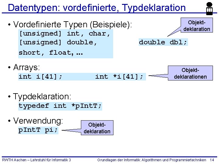 Datentypen: vordefinierte, Typdeklaration Objektdeklaration • Vordefinierte Typen (Beispiele): [unsigned] int, char, [unsigned] double, short,