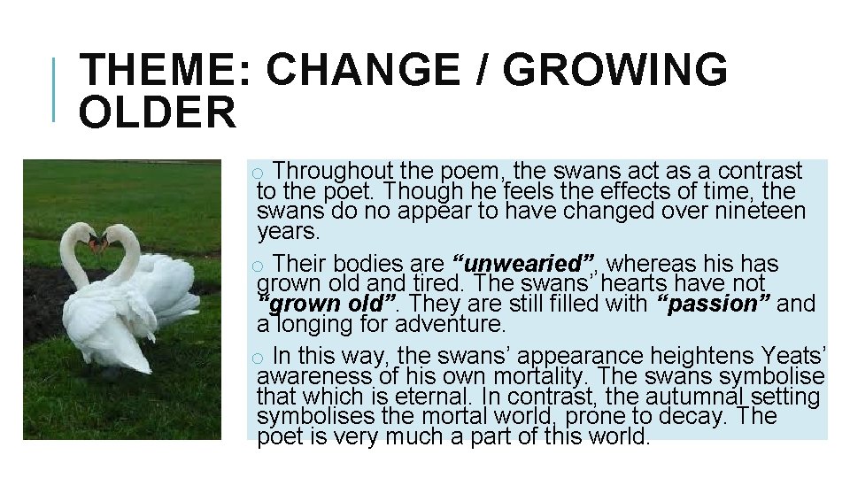 THEME: CHANGE / GROWING OLDER o Throughout the poem, the swans act as a