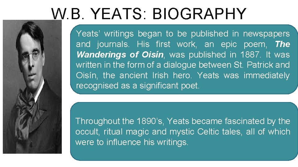W. B. YEATS: BIOGRAPHY Yeats’ writings began to be published in newspapers and journals.