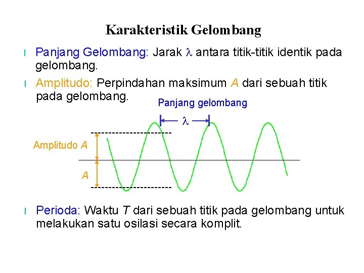 Karakteristik Gelombang l l Panjang Gelombang: Jarak antara titik-titik identik pada gelombang. Amplitudo: Perpindahan