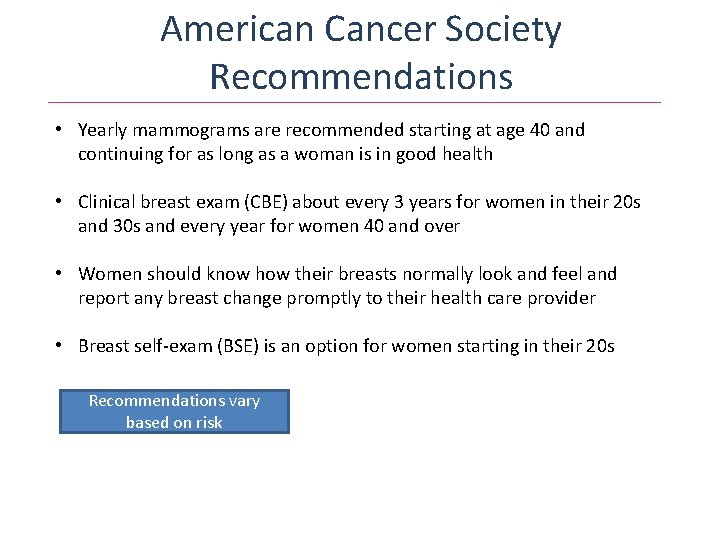 American Cancer Society Recommendations • Yearly mammograms are recommended starting at age 40 and