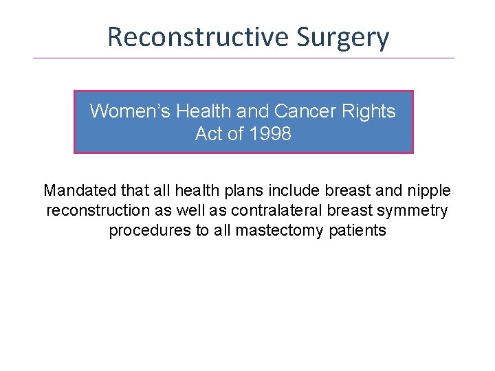 Reconstructive Surgery Women’s Health and Cancer Rights Act of 1998 Mandated that all health