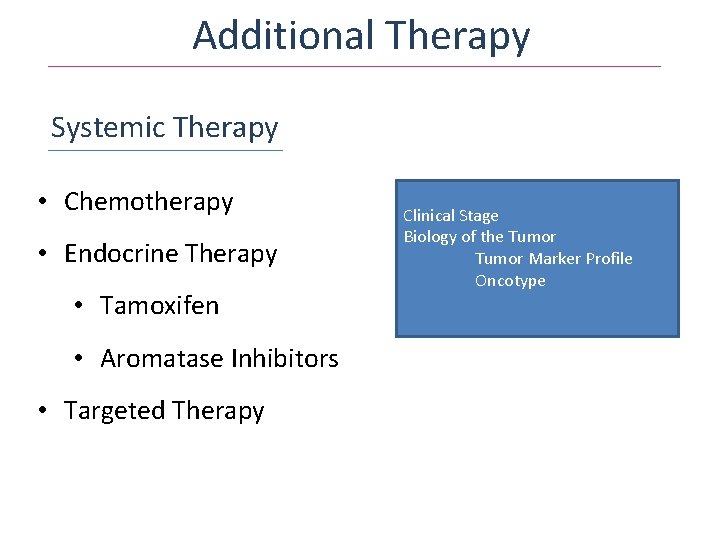Additional Therapy Systemic Therapy • Chemotherapy • Endocrine Therapy • Tamoxifen • Aromatase Inhibitors