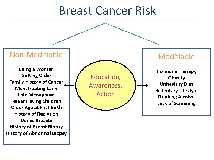 Breast Cancer Risk Non-Modifiable Being a Woman Getting Older Family History of Cancer Menstruating