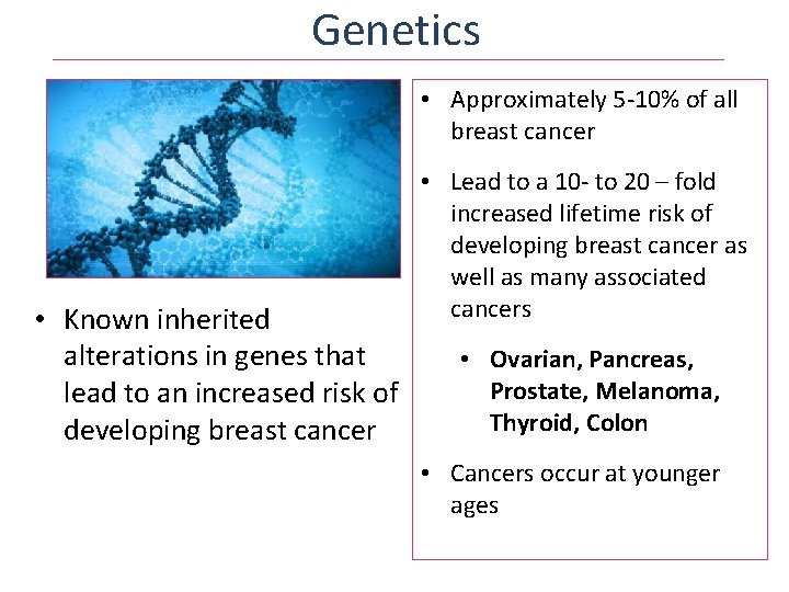 Genetics • Approximately 5 -10% of all breast cancer • Known inherited alterations in