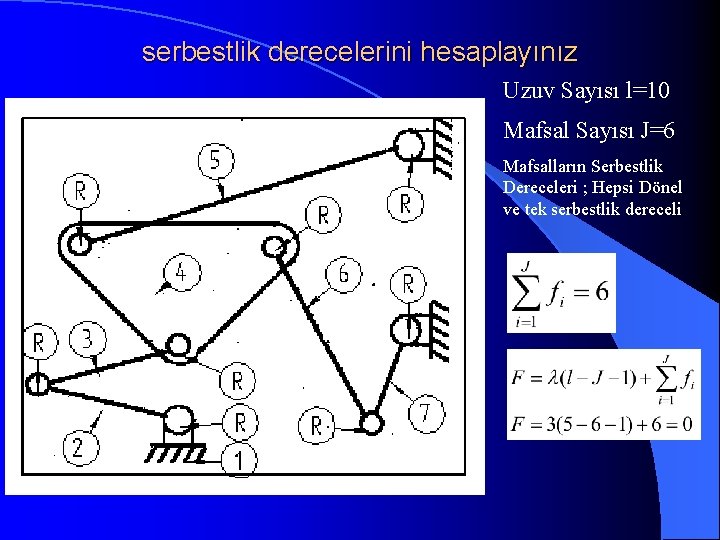 serbestlik derecelerini hesaplayınız Uzuv Sayısı l=10 Mafsal Sayısı J=6 Mafsalların Serbestlik Dereceleri ; Hepsi