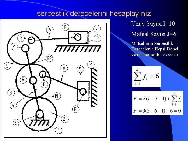 serbestlik derecelerini hesaplayınız Uzuv Sayısı l=10 Mafsal Sayısı J=6 Mafsalların Serbestlik Dereceleri ; Hepsi