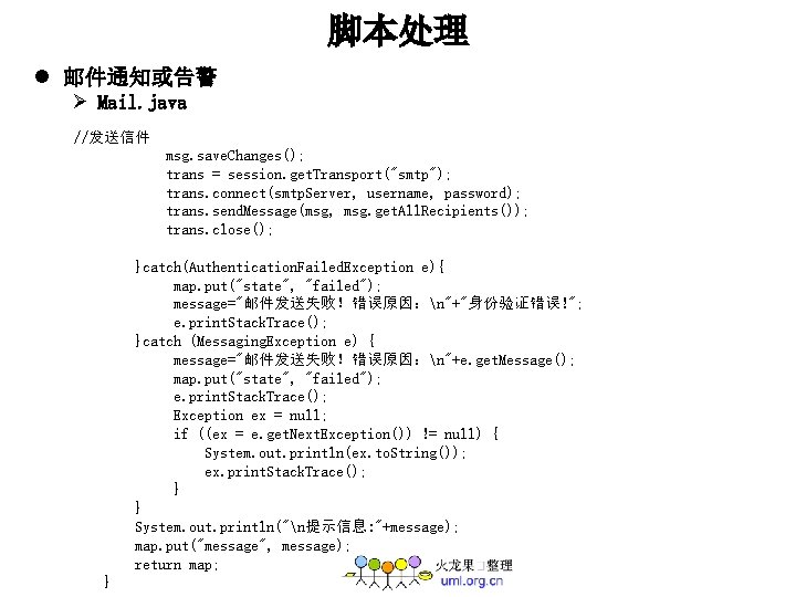 脚本处理 l 邮件通知或告警 Ø Mail. java //发送信件 msg. save. Changes(); trans = session. get.