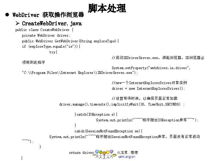 l Web. Driver 获取操作浏览器 Ø Create. Web. Driver. java 脚本处理 public class Create. Web.