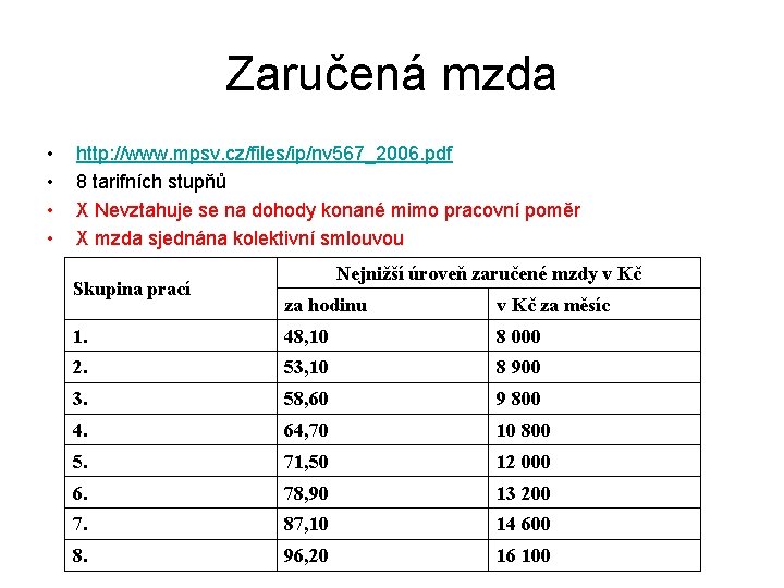 Zaručená mzda • • http: //www. mpsv. cz/files/ip/nv 567_2006. pdf 8 tarifních stupňů X