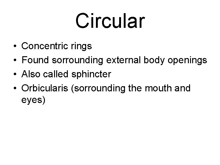 Circular • • Concentric rings Found sorrounding external body openings Also called sphincter Orbicularis