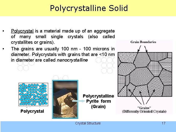  Polycrystalline Solid • • Polycrystal is a material made up of an aggregate
