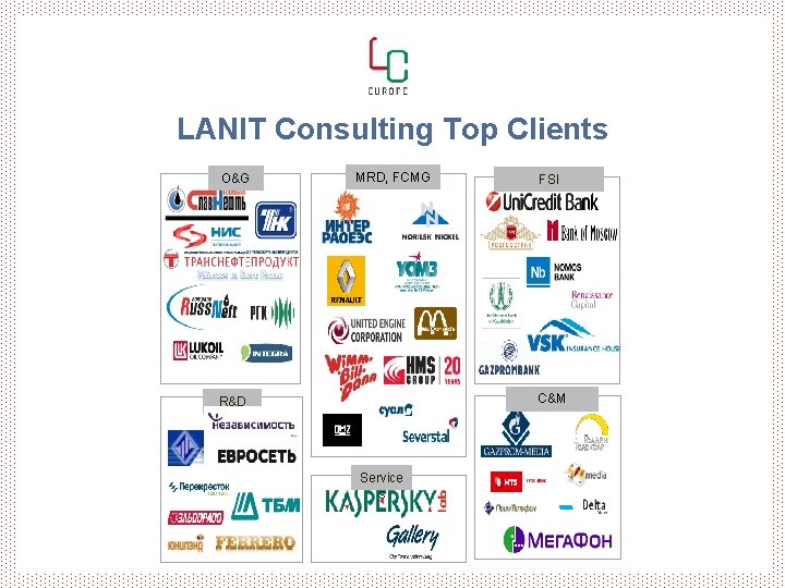 LANIT Consulting Top Clients O&G MRD, FCMG FSI C&M R&D Service s 