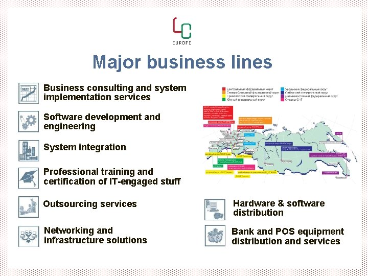 Major business lines § Business consulting and system implementation services • Software development and