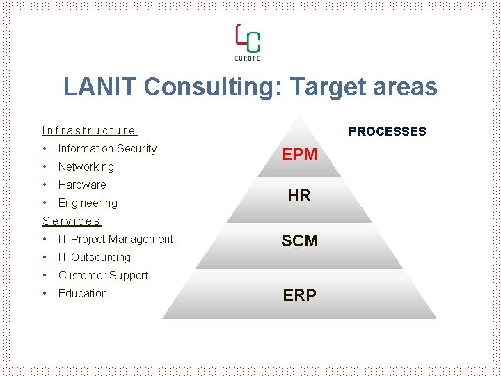 LANIT Consulting: Target areas PROCESSES Infrastructure • Information Security • Networking • Hardware •