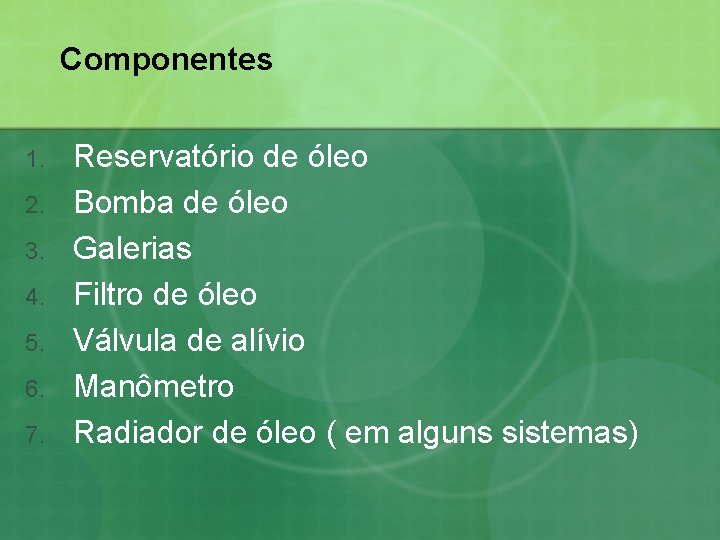 Componentes 1. 2. 3. 4. 5. 6. 7. Reservatório de óleo Bomba de óleo