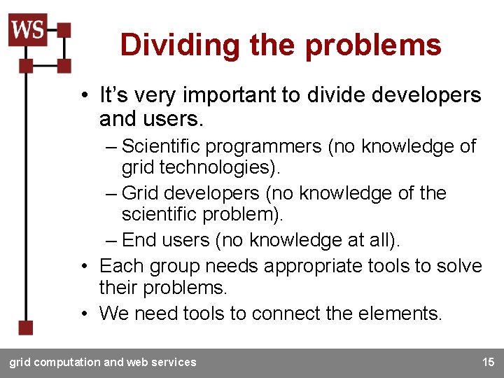 Dividing the problems • It’s very important to divide developers and users. – Scientific