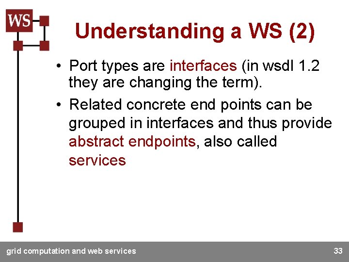 Understanding a WS (2) • Port types are interfaces (in wsdl 1. 2 they