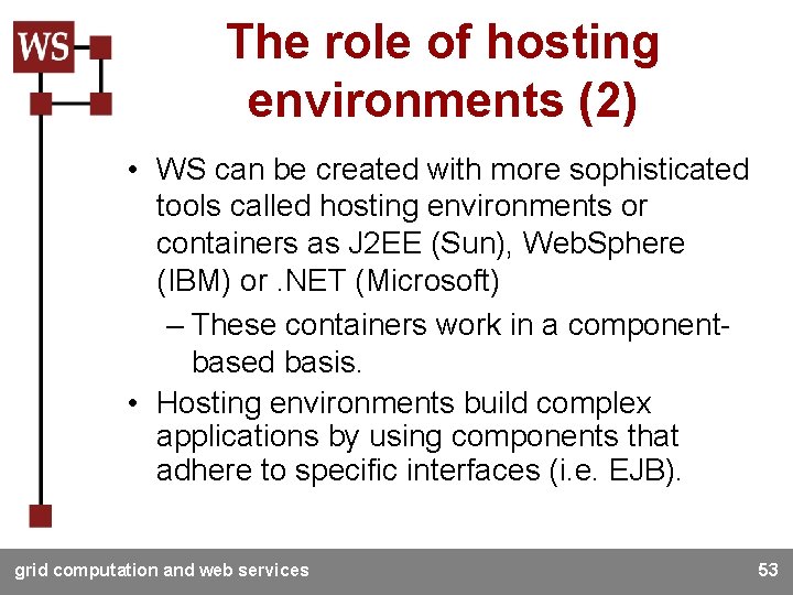 The role of hosting environments (2) • WS can be created with more sophisticated