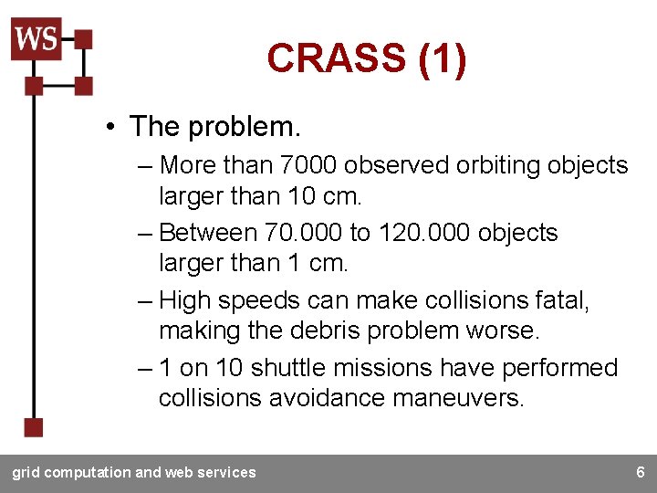 CRASS (1) • The problem. – More than 7000 observed orbiting objects larger than