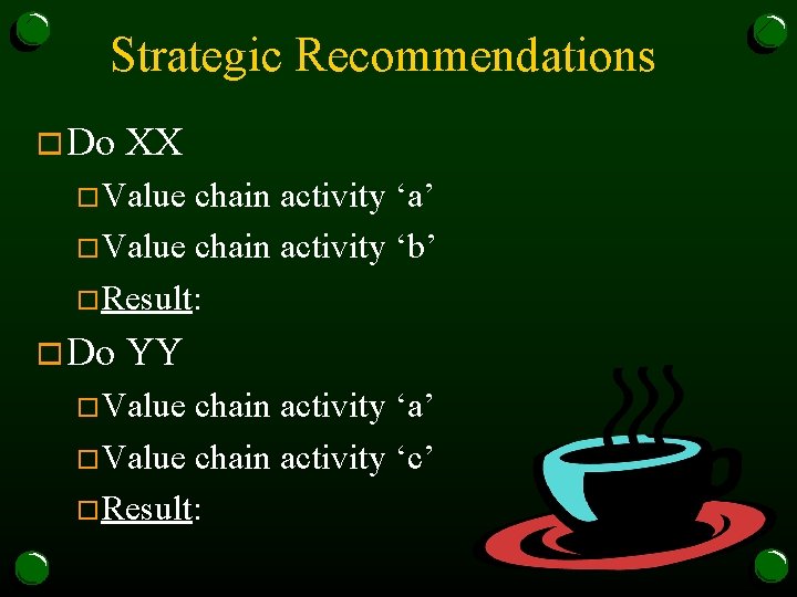 Strategic Recommendations o Do XX o. Value chain activity ‘a’ o. Value chain activity