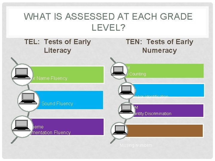 WHAT IS ASSESSED AT EACH GRADE LEVEL? TEL: Tests of Early Literacy LNF Letter