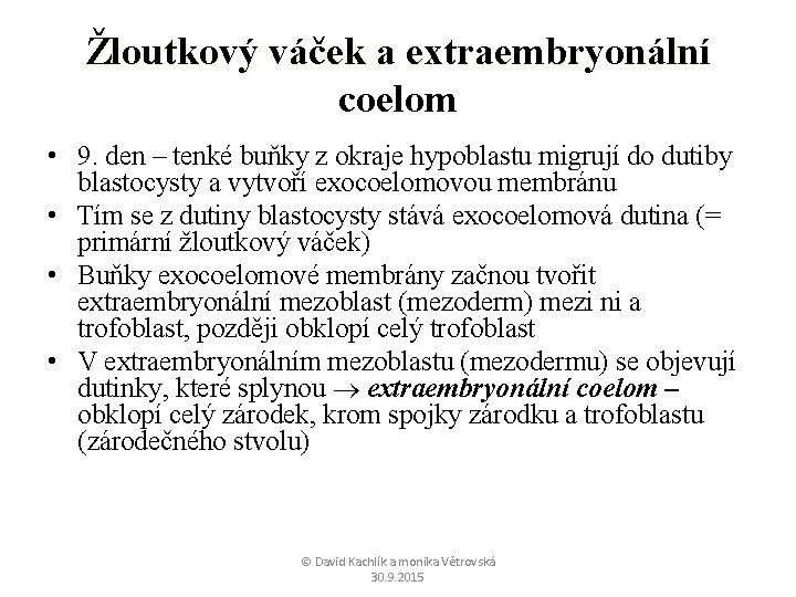 Žloutkový váček a extraembryonální coelom • 9. den – tenké buňky z okraje hypoblastu