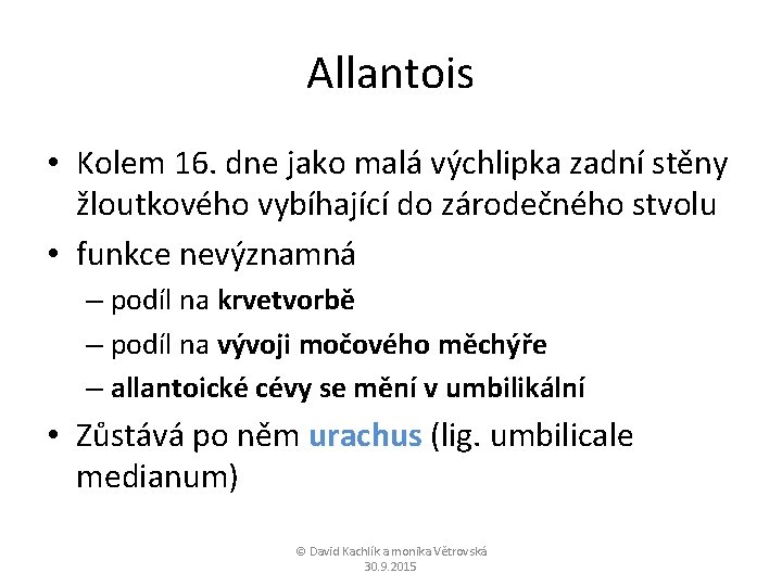 Allantois • Kolem 16. dne jako malá výchlipka zadní stěny žloutkového vybíhající do zárodečného