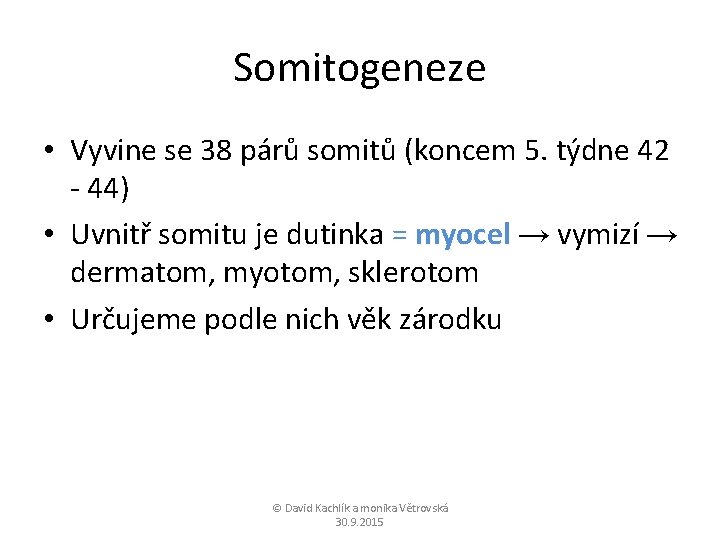 Somitogeneze • Vyvine se 38 párů somitů (koncem 5. týdne 42 - 44) •