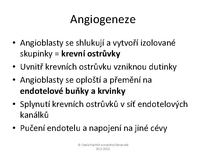 Angiogeneze • Angioblasty se shlukují a vytvoří izolované skupinky = krevní ostrůvky • Uvnitř