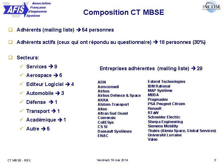 Composition CT MBSE q Adhérents (mailing liste) 54 personnes q Adhérents actifs (ceux qui