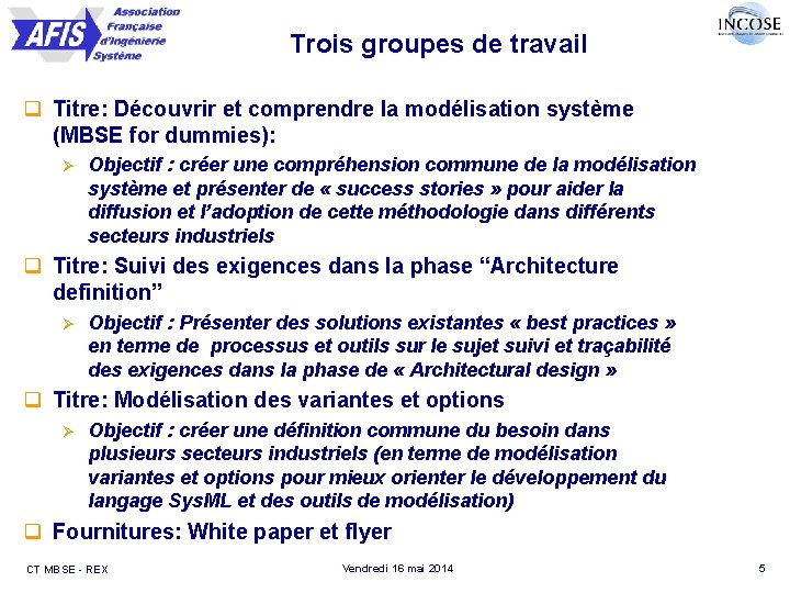 Trois groupes de travail q Titre: Découvrir et comprendre la modélisation système (MBSE for
