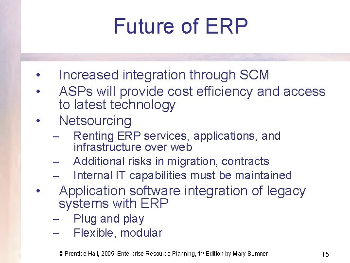 Future of ERP • • • Increased integration through SCM ASPs will provide cost