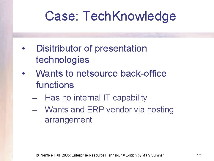 Case: Tech. Knowledge • • Disitributor of presentation technologies Wants to netsource back-office functions