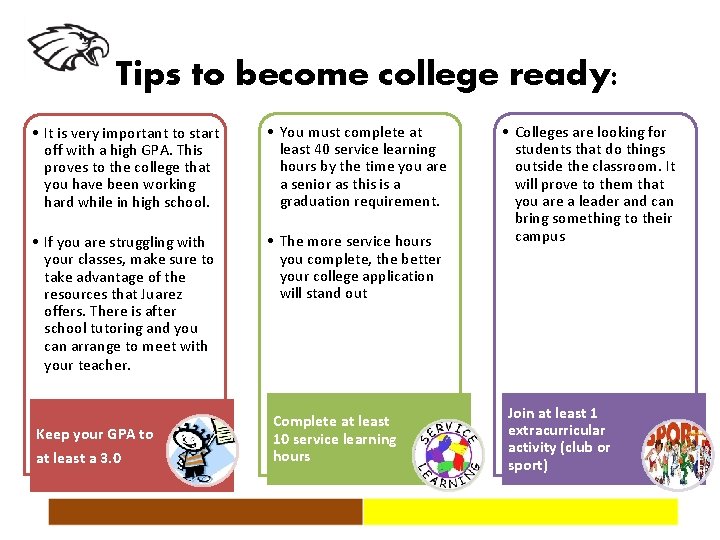 Tips to become college ready: • It is very important to start off with