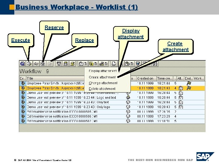 Business Workplace - Worklist (1) Reserve Execute ã SAP AG 2004, Title of Presentation