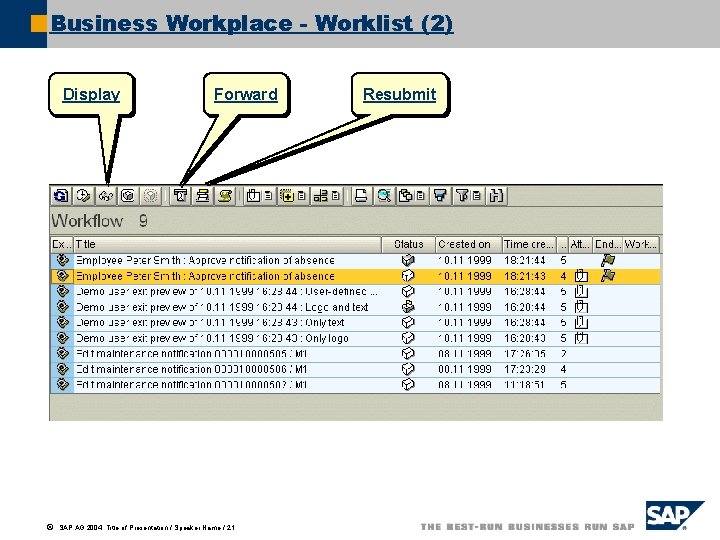 Business Workplace - Worklist (2) Display ã Forward SAP AG 2004, Title of Presentation