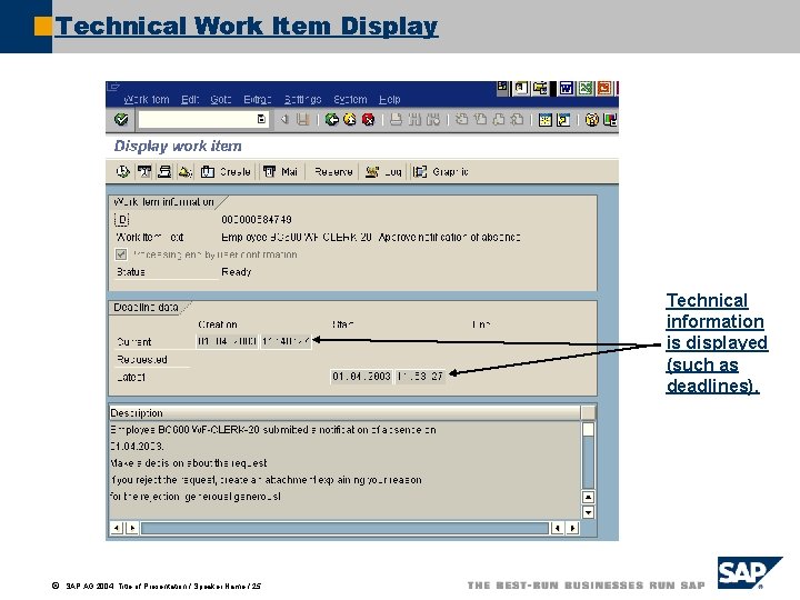 Technical Work Item Display Technical information is displayed (such as deadlines). ã SAP AG